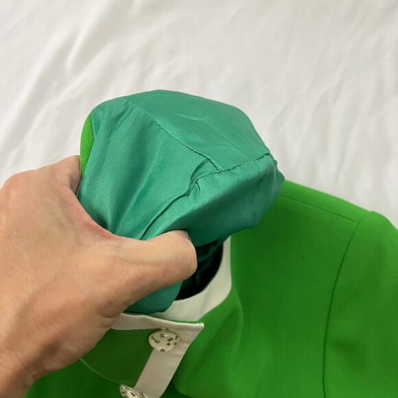Vintage Green White Trim Jacket Holiday Mod Style Satin Lined Textured Buttons M - Picture 8 of 12